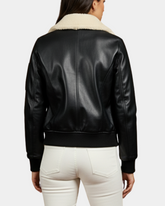 Women Leather Bomber Jacket Removable Collar Nova Black